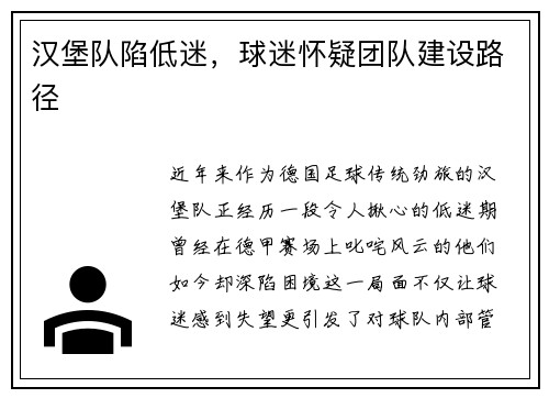 汉堡队陷低迷，球迷怀疑团队建设路径